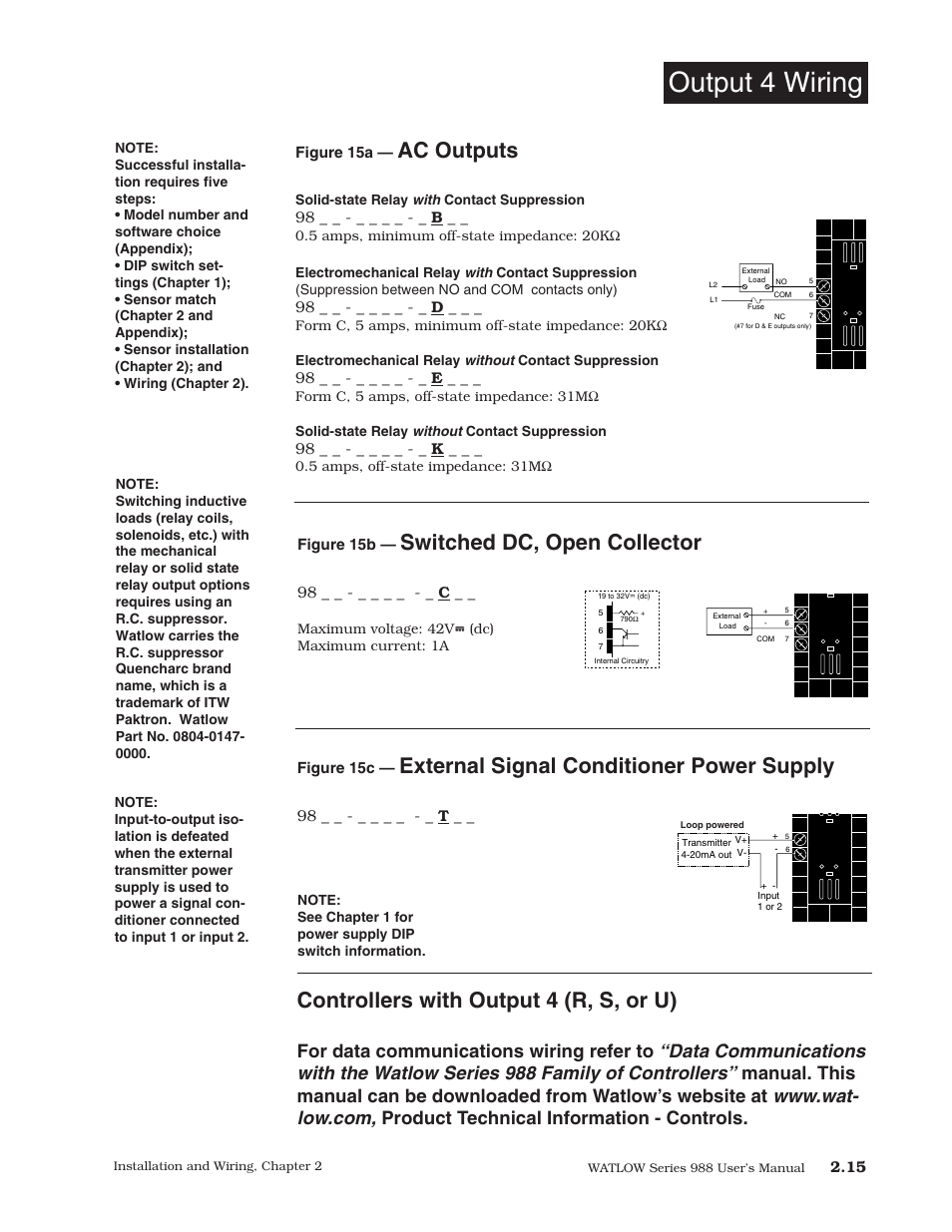 Output 4 wiring, 15 output 4 wiring, Switched dc, open collector | Ac outputs, External signal conditioner power supply, Controllers with output 4 (r, s, or u) | Watlow Series 988 User Manual | Page 25 / 153