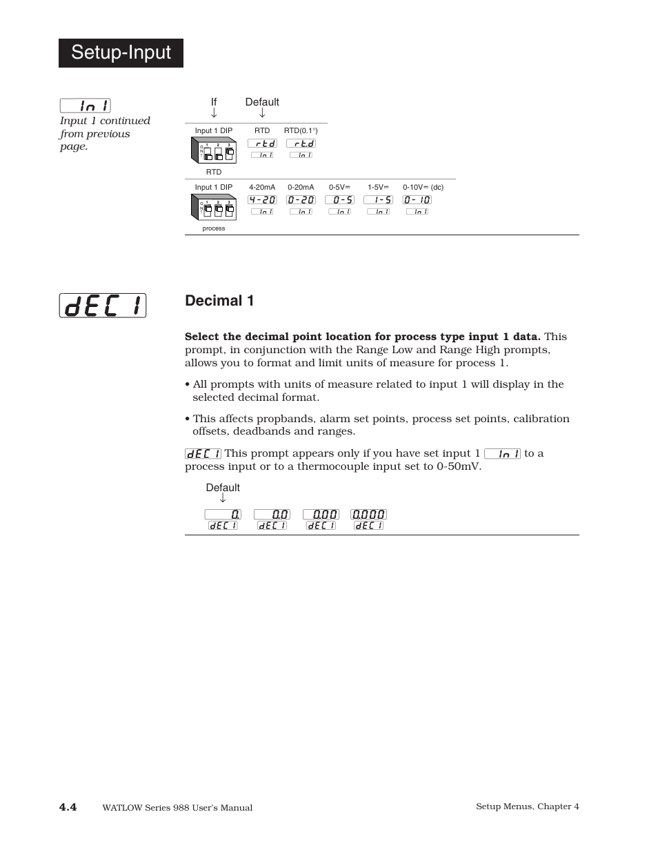 Dec1, Setup-input, Decimal 1 | Watlow Series 988 User Manual | Page 32 / 153