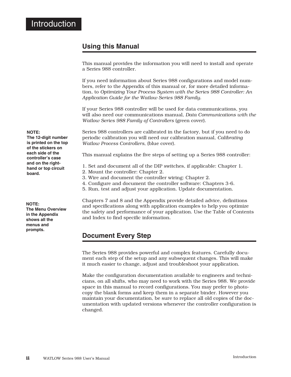 Using this manual, Document every step, Introduction | Watlow Series 988 User Manual | Page 4 / 153
