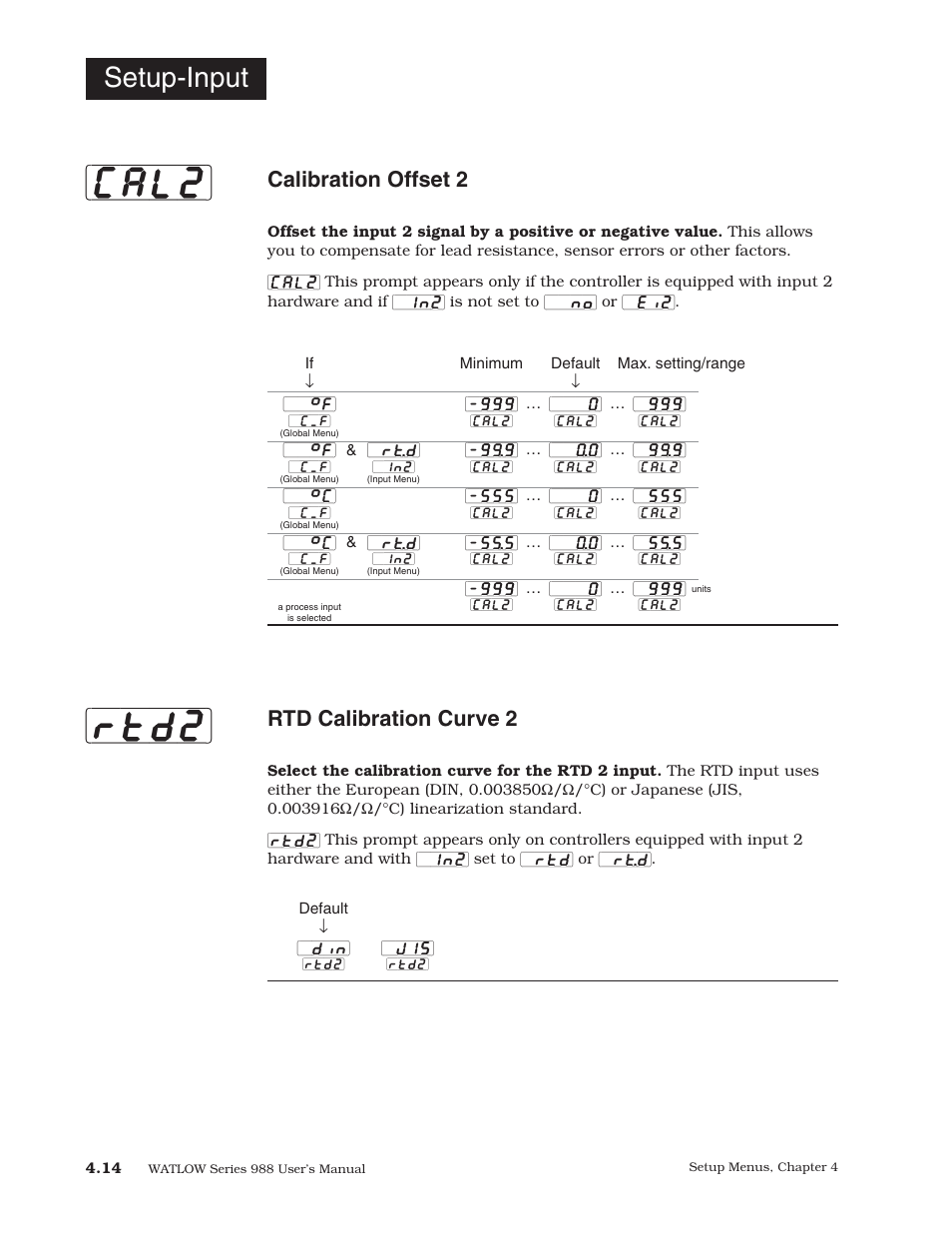 Cal2] [rtd2, Setup-input, Calibration offset 2 | Rtd calibration curve 2 | Watlow Series 988 User Manual | Page 42 / 153