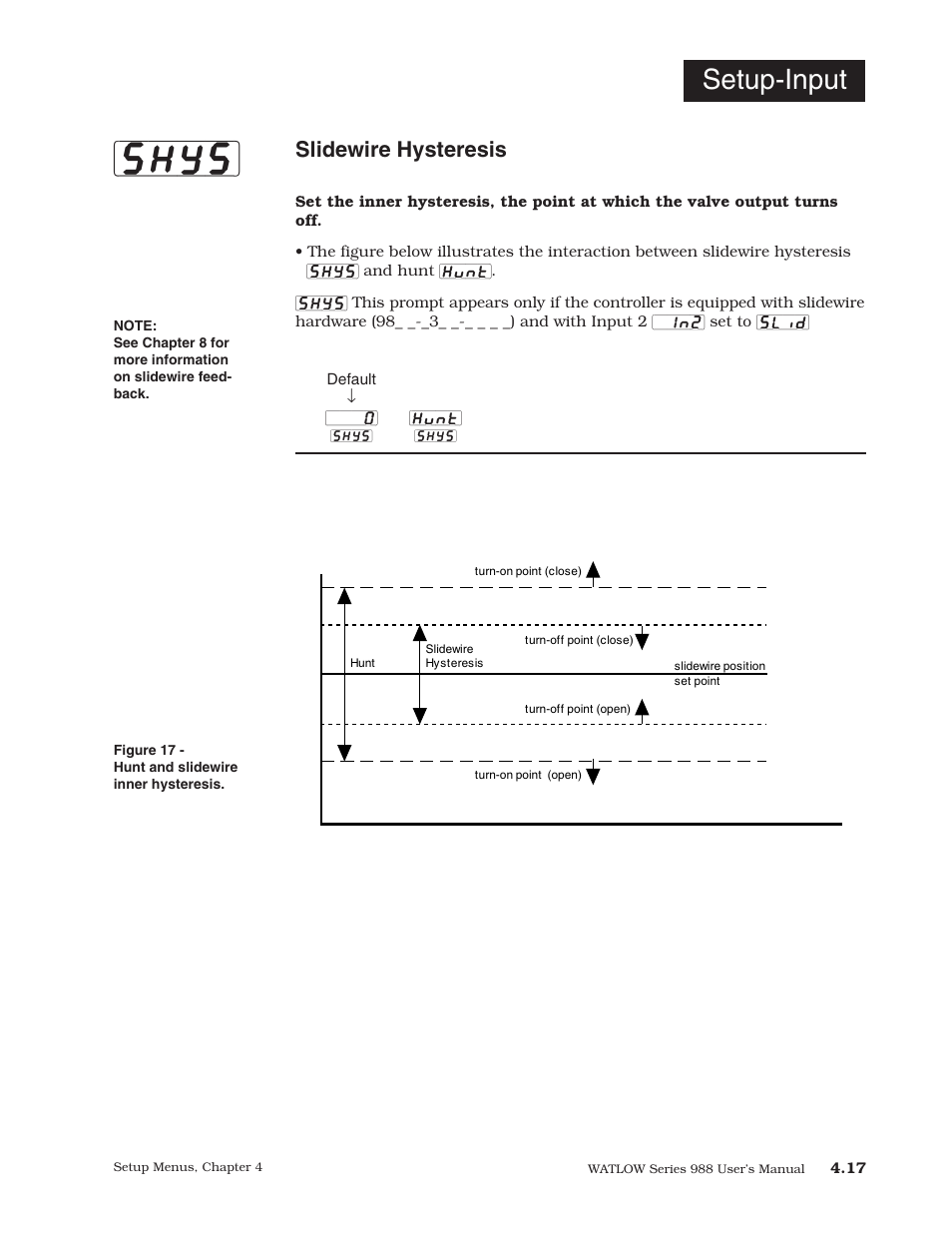 Shys, Setup-input, Slidewire hysteresis | Watlow Series 988 User Manual | Page 45 / 153