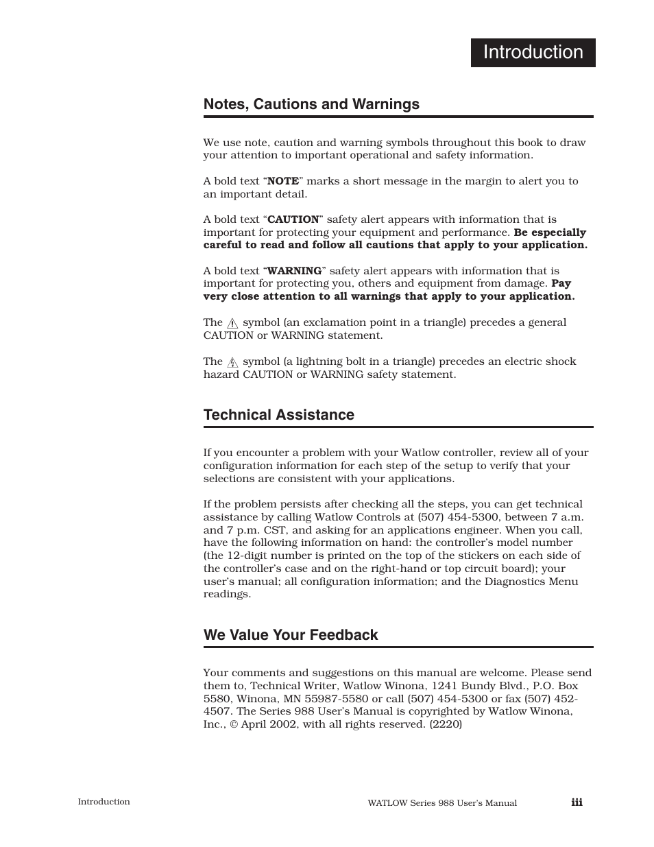 Notes, cautions and warnings, Technical assistance, We value your feedback | Introduction | Watlow Series 988 User Manual | Page 5 / 153