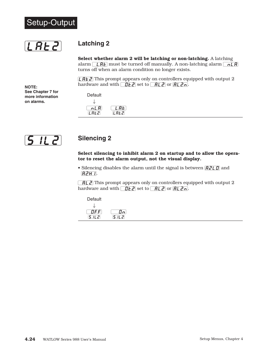 Lat2] [sil2, Setup-output, Latching 2 | Silencing 2 | Watlow Series 988 User Manual | Page 52 / 153