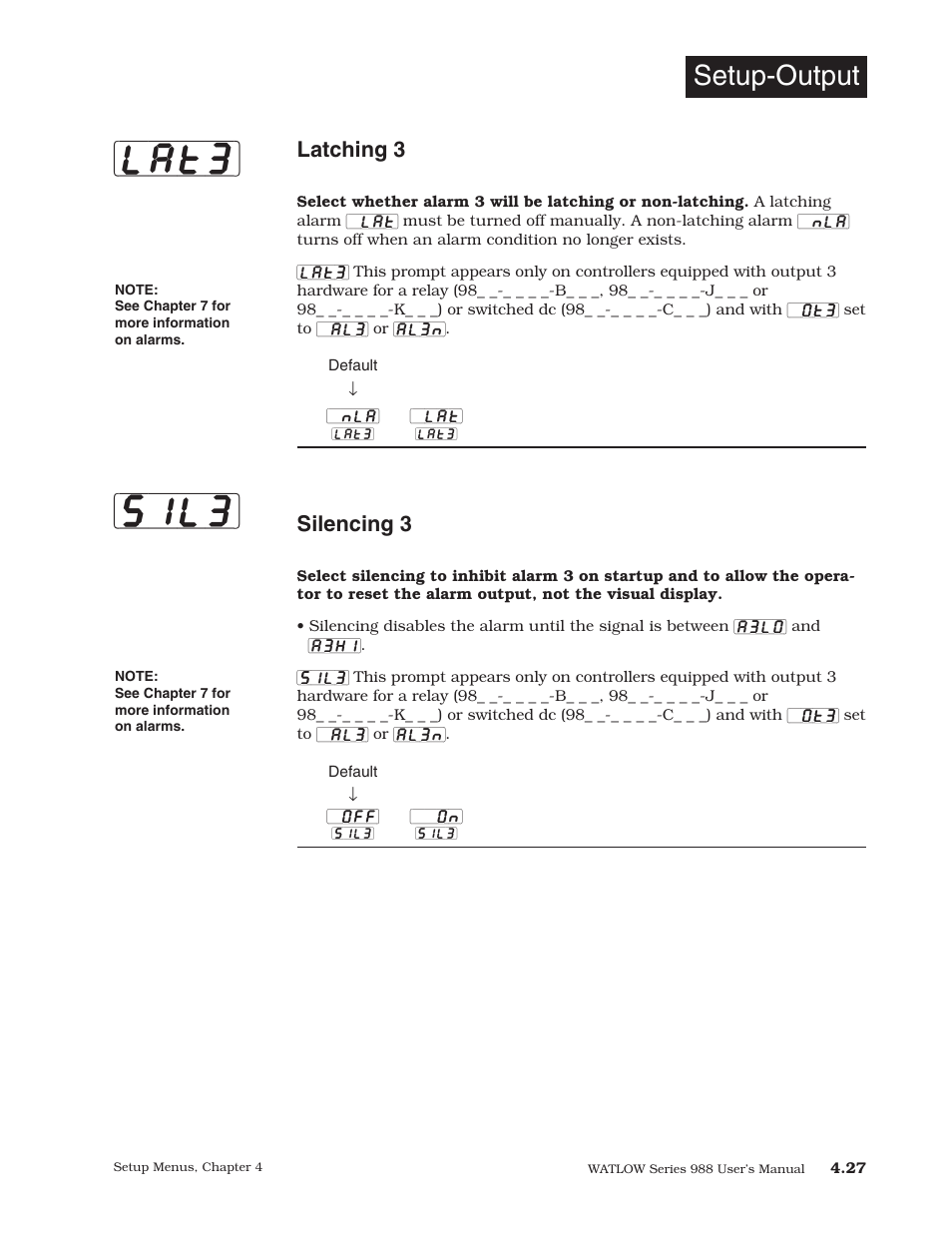 Lat3, Sil3, Setup-output | Latching 3, Silencing 3 | Watlow Series 988 User Manual | Page 55 / 153