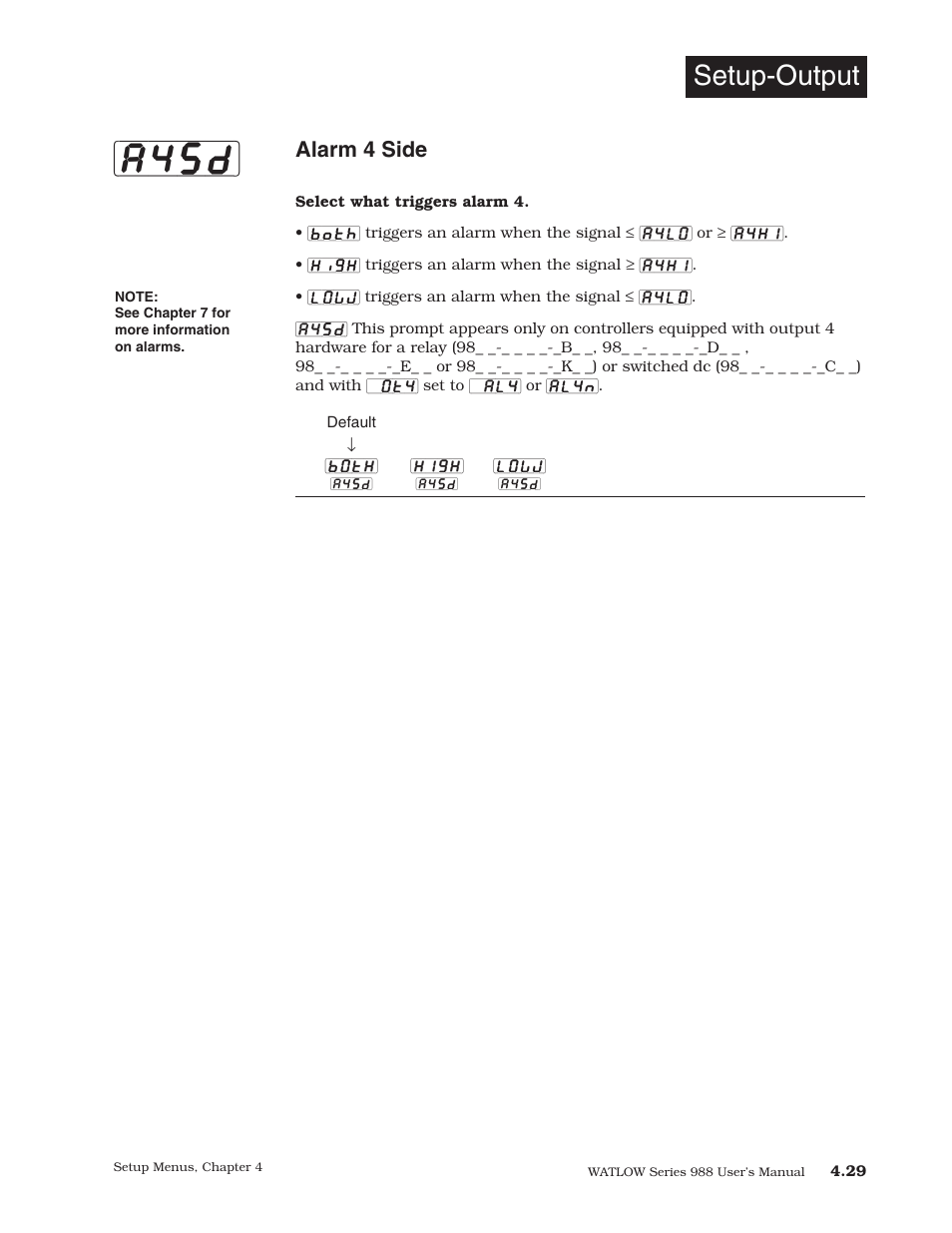 A4sd, Setup-output, Alarm 4 side | Watlow Series 988 User Manual | Page 57 / 153