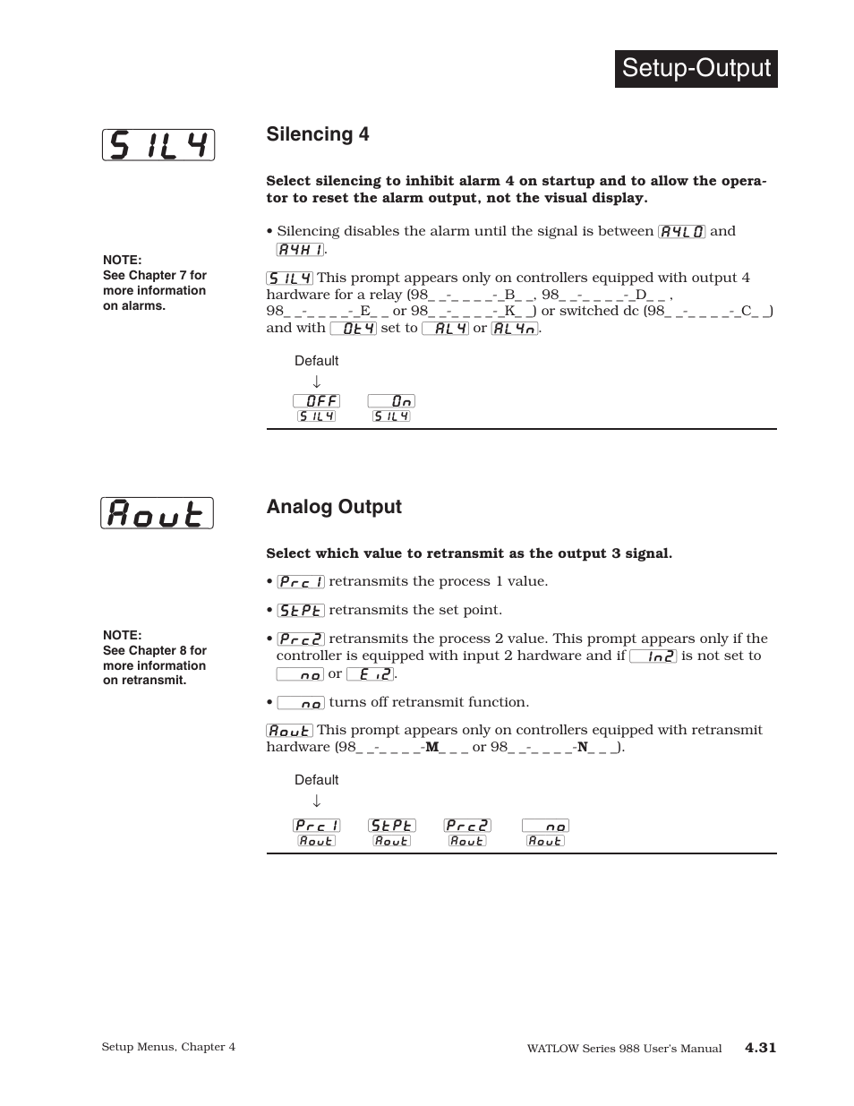 Output 3 retransmit (p. 4.31), Sil4, Aout | Setup-output, Silencing 4, Analog output | Watlow Series 988 User Manual | Page 59 / 153