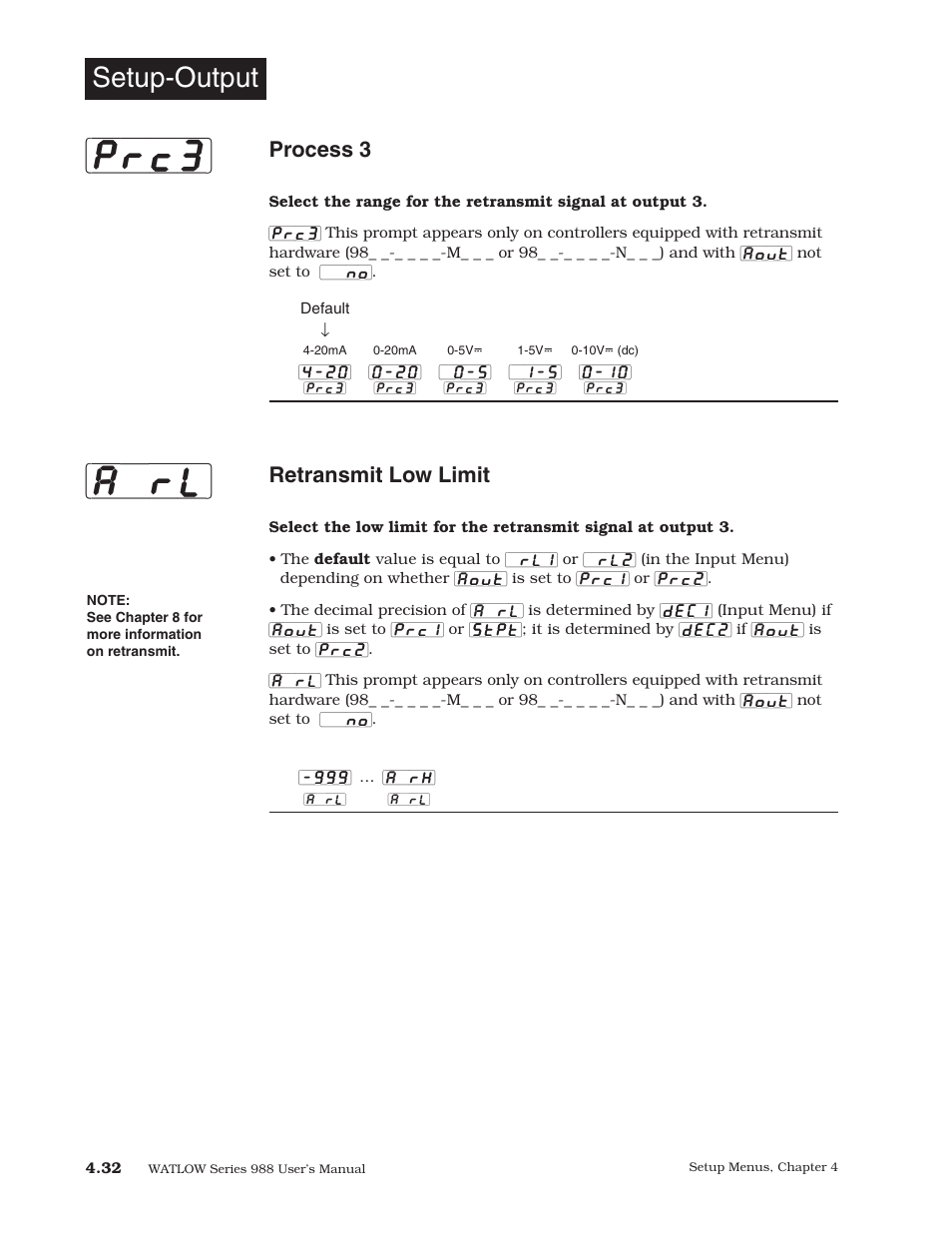 A`rl] [prc3, Setup-output, Process 3 | Retransmit low limit | Watlow Series 988 User Manual | Page 60 / 153