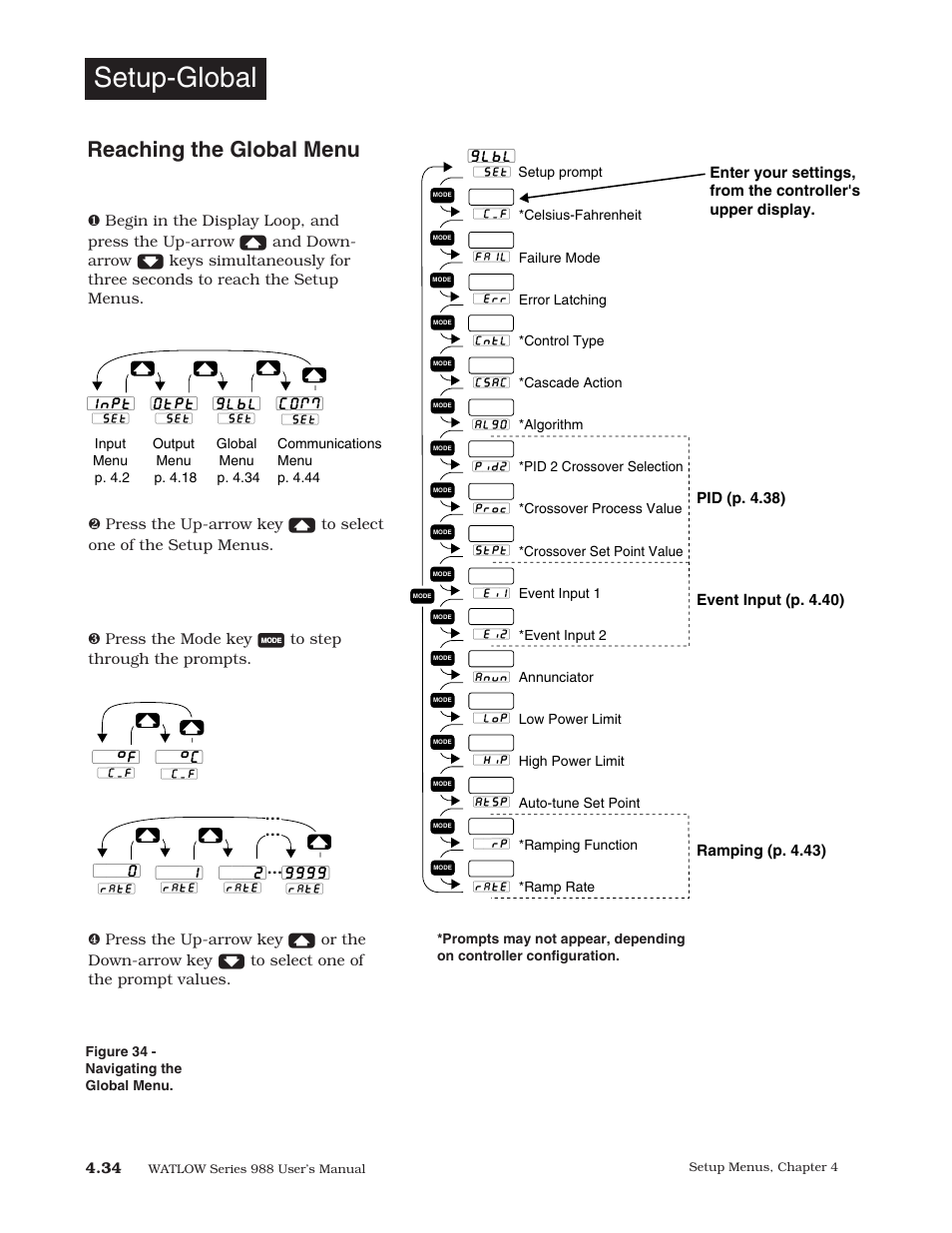 Reaching the global menu, 34 global menu, Setup-global | Watlow Series 988 User Manual | Page 62 / 153