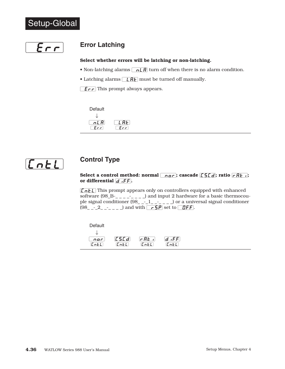 Err] [cntl, Setup-global, Error latching | Control type | Watlow Series 988 User Manual | Page 64 / 153