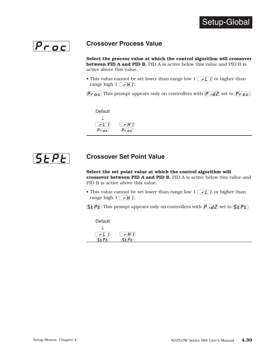 Proc] [stpt, Setup-global, Crossover process value | Crossover set point value | Watlow Series 988 User Manual | Page 67 / 153