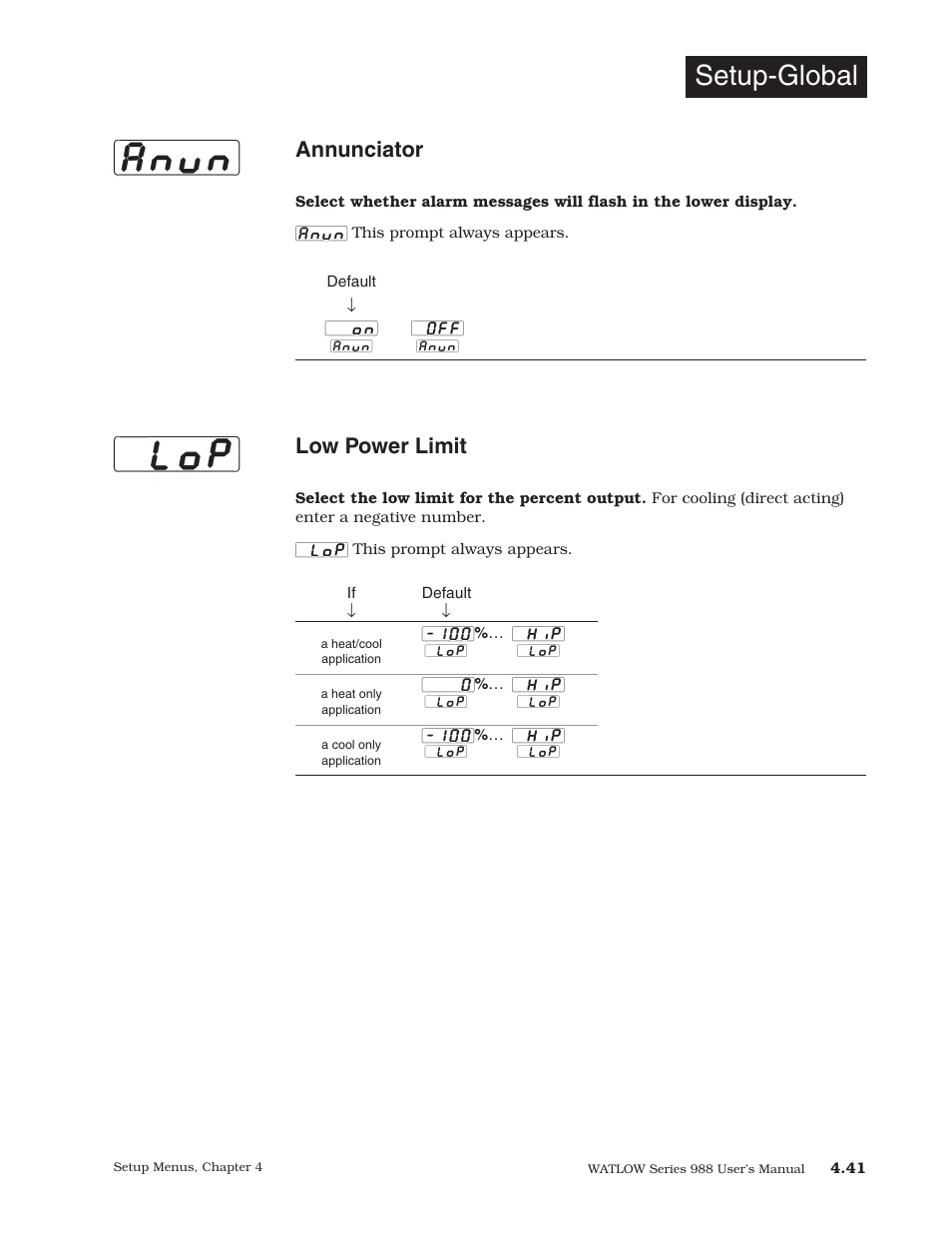 Anun] [`lop, Setup-global, Annunciator | Low power limit | Watlow Series 988 User Manual | Page 69 / 153