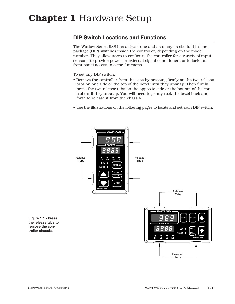 Chapter 1 hardware setup, Dip switch locations and functions | Watlow Series 988 User Manual | Page 7 / 153