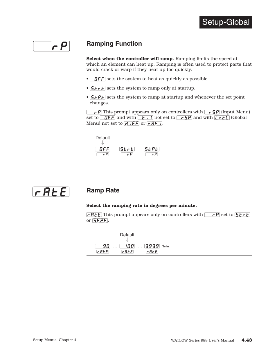 Rp] [rate, Setup-global, Ramping function | Ramp rate | Watlow Series 988 User Manual | Page 71 / 153