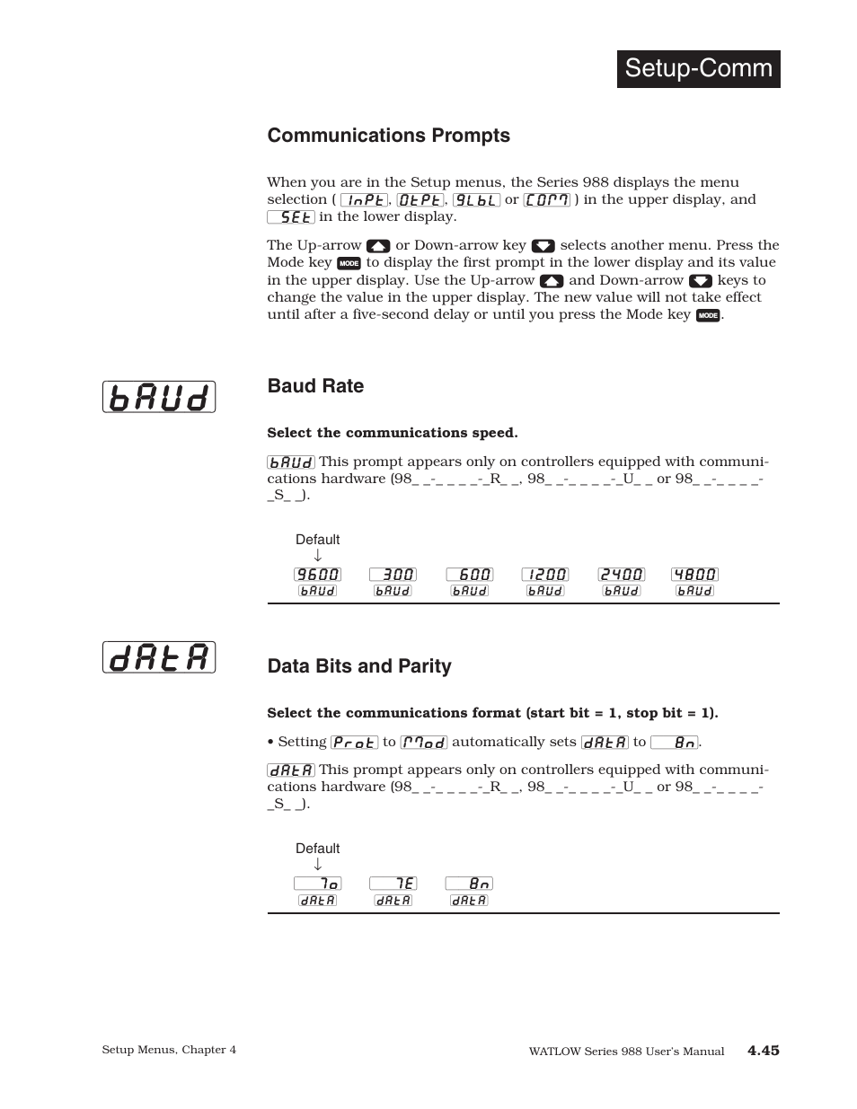 Communications prompts, Baud] [data, Setup-comm | Baud rate, Data bits and parity | Watlow Series 988 User Manual | Page 73 / 153