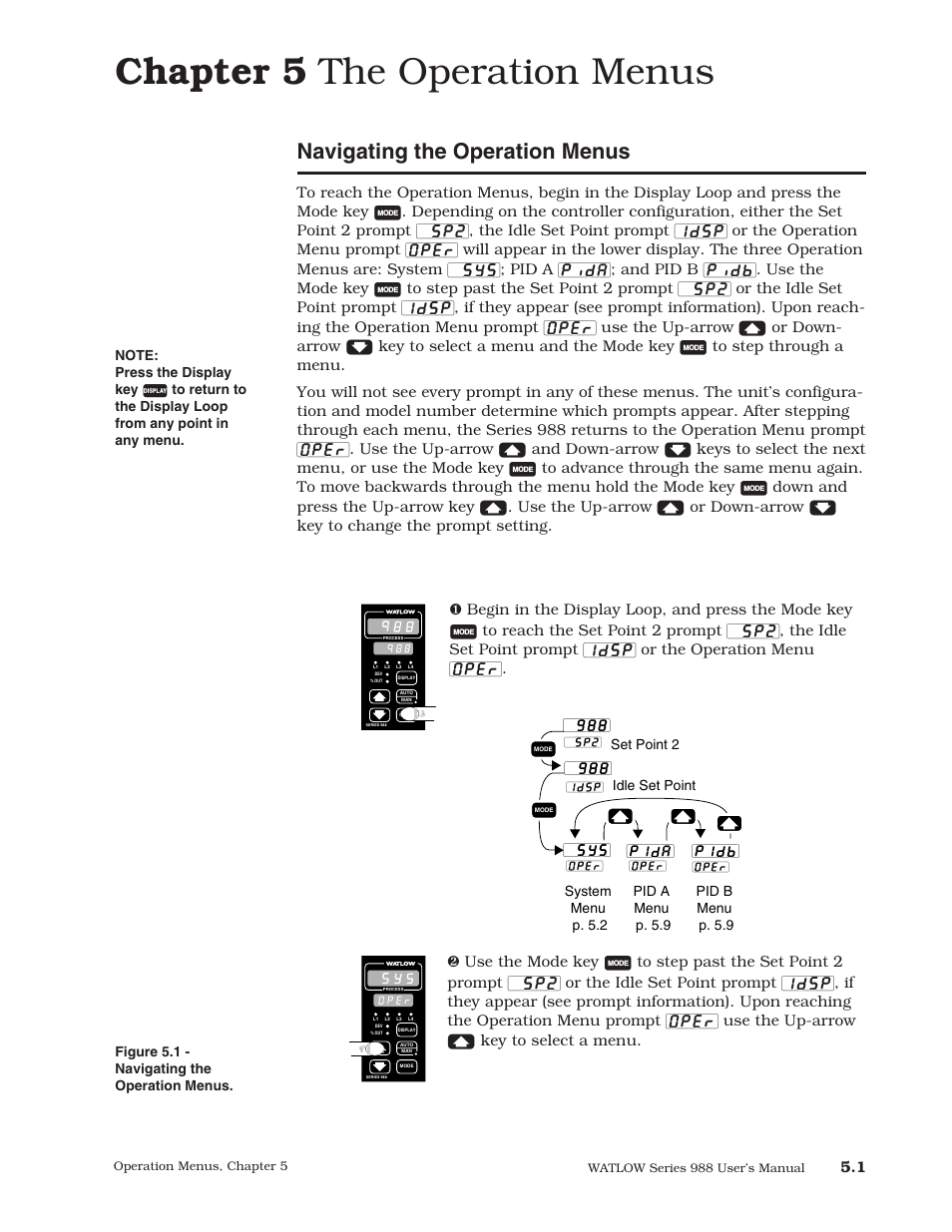 Chapter 5 the operation menus, Navigating the operation menus | Watlow Series 988 User Manual | Page 77 / 153