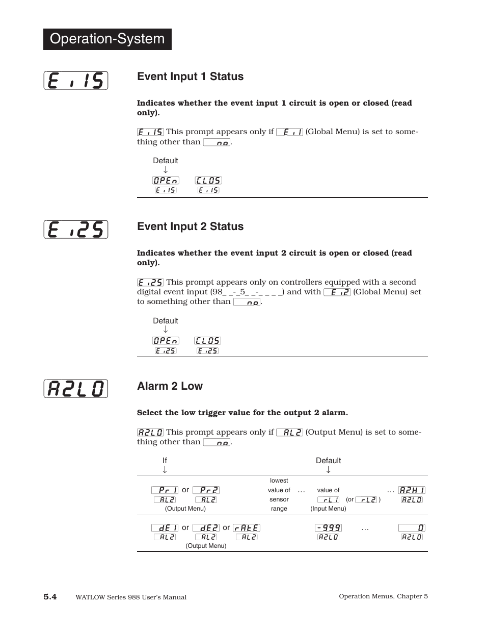 Ei1s] [ei2s] [a2lo, Operation-system, Event input 1 status | Event input 2 status, Alarm 2 low | Watlow Series 988 User Manual | Page 80 / 153