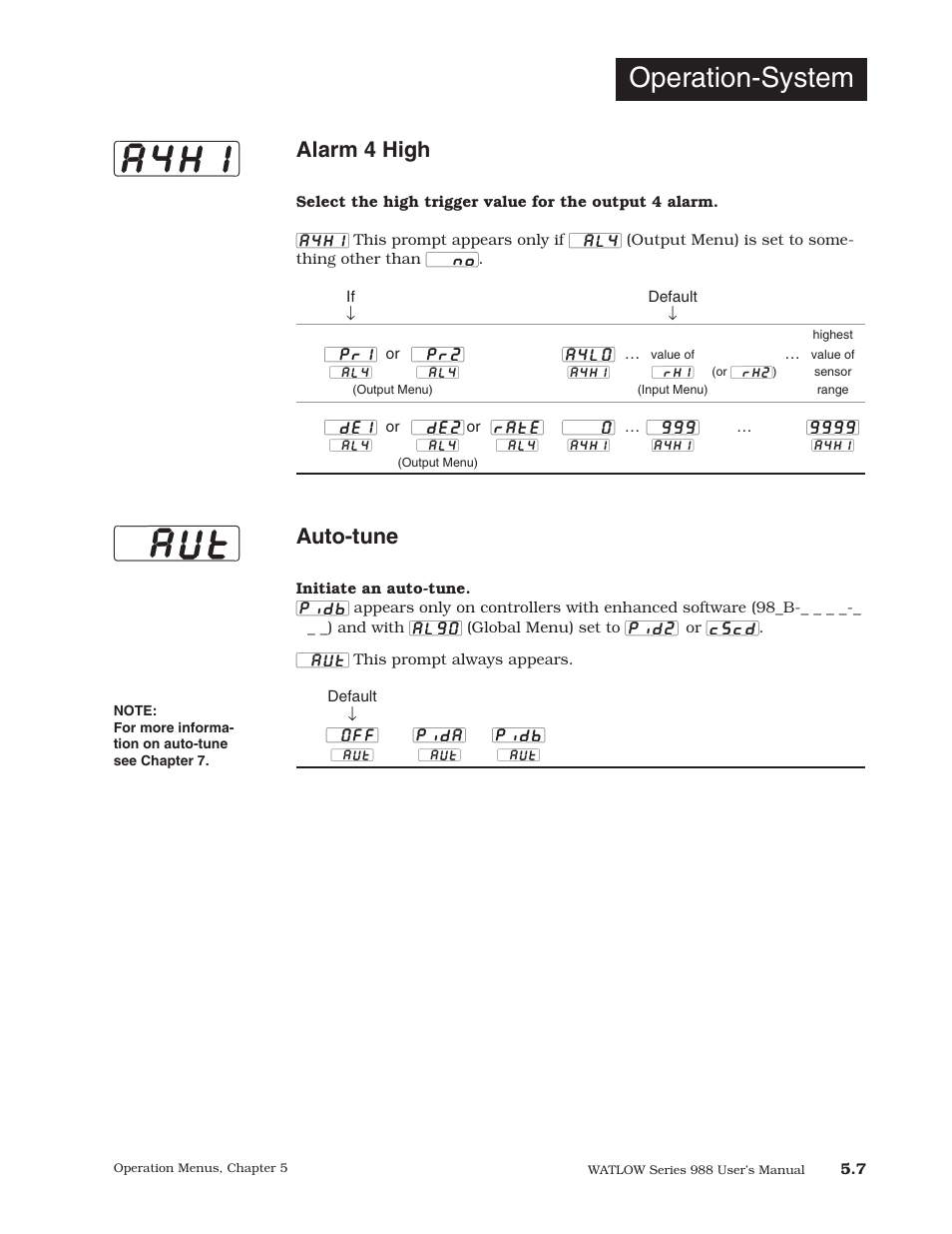 A4hi] [`aut, Operation-system, Alarm 4 high | Auto-tune | Watlow Series 988 User Manual | Page 83 / 153