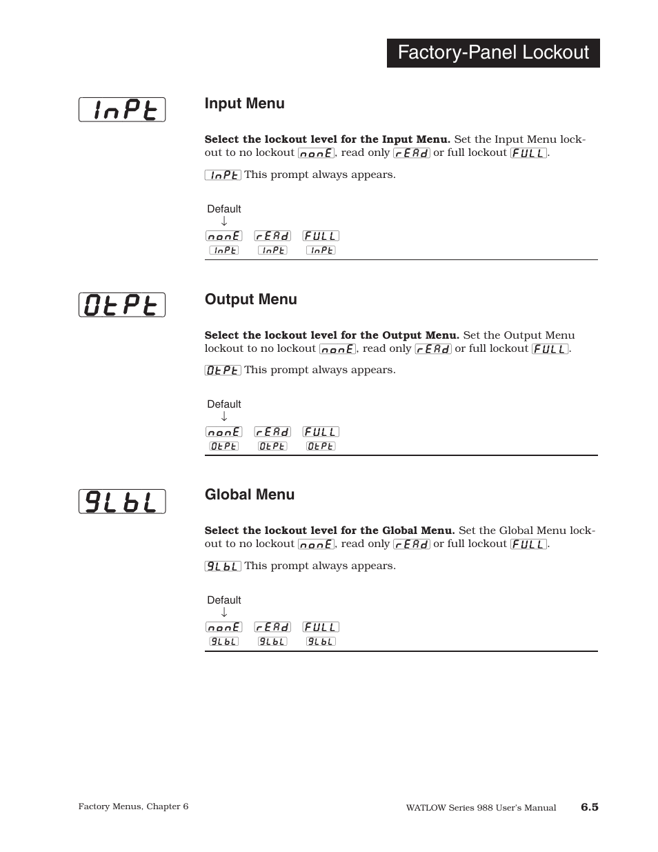 Inpt] [glbl] [otpt, Factory-panel lockout, Input menu | Output menu, Global menu | Watlow Series 988 User Manual | Page 97 / 153