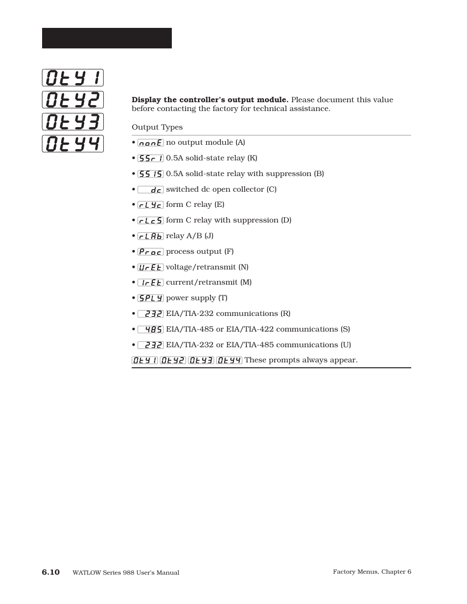 Oty1] [oty2] [oty3] [oty4, Factory-diagnostics, Outputs 1, 2, 3 and 4 module types | Watlow Series 988 User Manual | Page 100 / 163