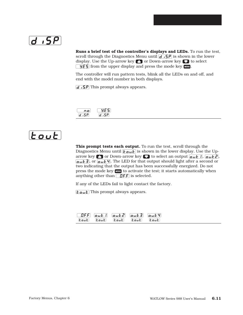 Disp] [tout, Factory-diagnostics, Test displays | Test outputs | Watlow Series 988 User Manual | Page 101 / 163
