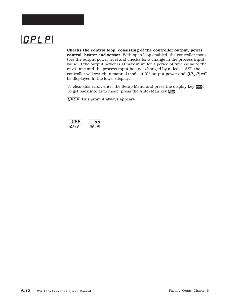 Oplp, Factory-diagnostic, Open loop | Watlow Series 988 User Manual | Page 102 / 163