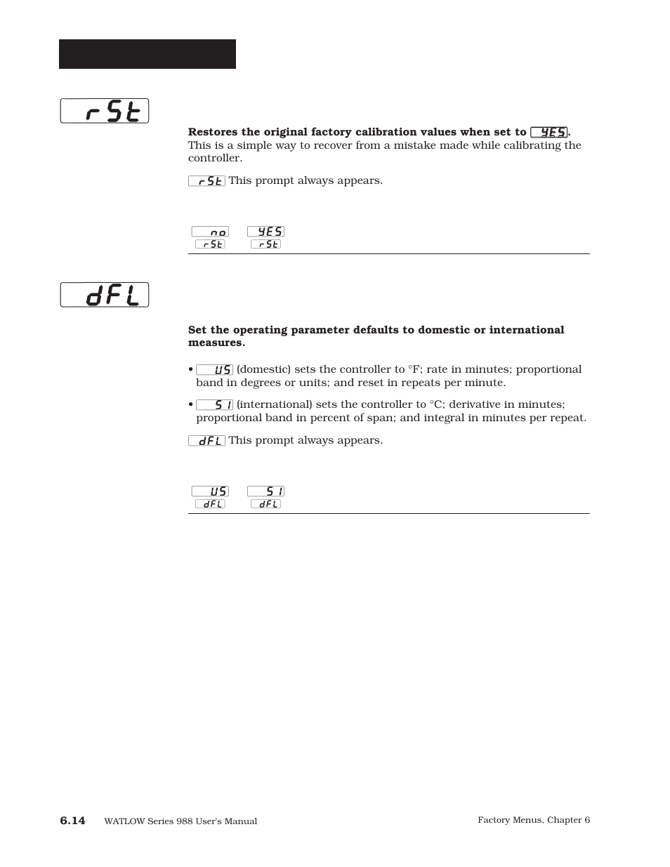 Factory-calibration, Restore, Default | Watlow Series 988 User Manual | Page 104 / 163