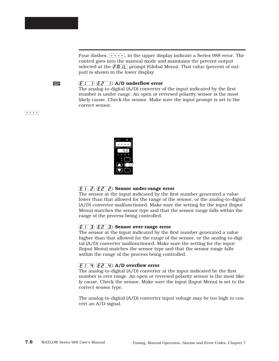 Error code e1 and e2 messages, Error codes | Watlow Series 988 User Manual | Page 112 / 163