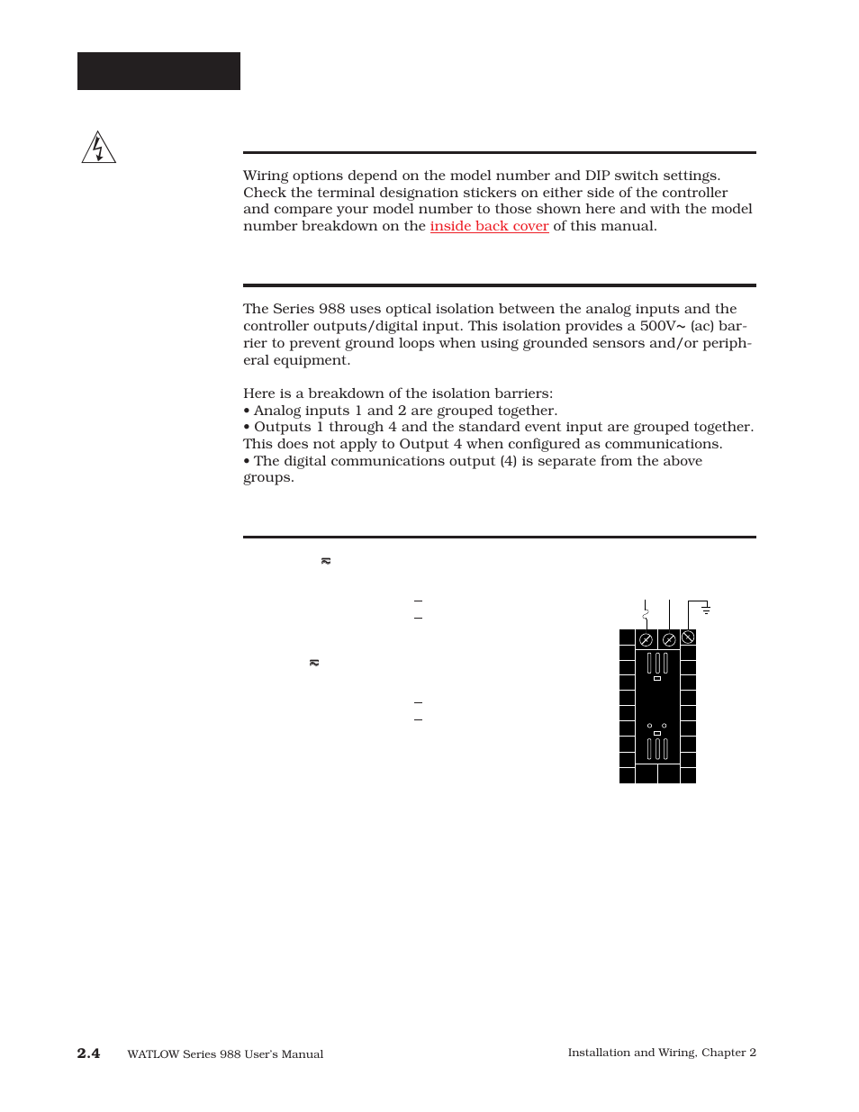 Wiring the series 988, Input-to-output isolation, Power wiring | Wiring | Watlow Series 988 User Manual | Page 14 / 163