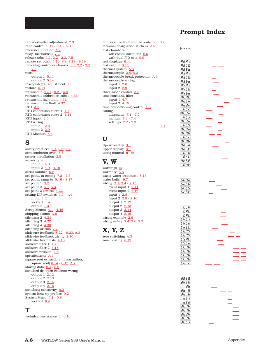 Index r-z, V, w, X, y, z | Prompt index | Watlow Series 988 User Manual | Page 158 / 163