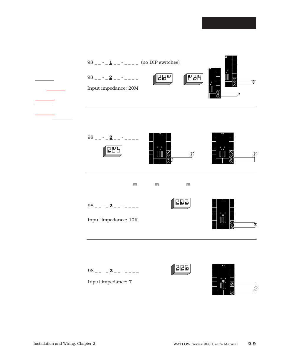 Input 2 wiring, Thermocouple or 0-50mv (high impedance), Figure 2.9d | Figure 2.9a, 98 _ _ - _ _ _ _ (no dip switches), 98 _ _ - _ _ _ _ input impedance: 20m ω | Watlow Series 988 User Manual | Page 19 / 163