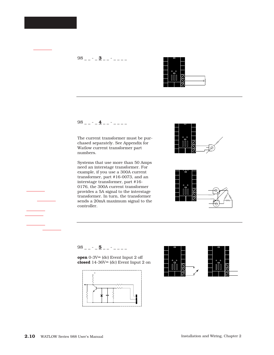 Input 2 wiring, Current transformer input, Digital event input 2 | Slidewire feedback or potentiometer input, Figure 2.10b, Figure 2.10c, Figure 2.10a | Watlow Series 988 User Manual | Page 20 / 163