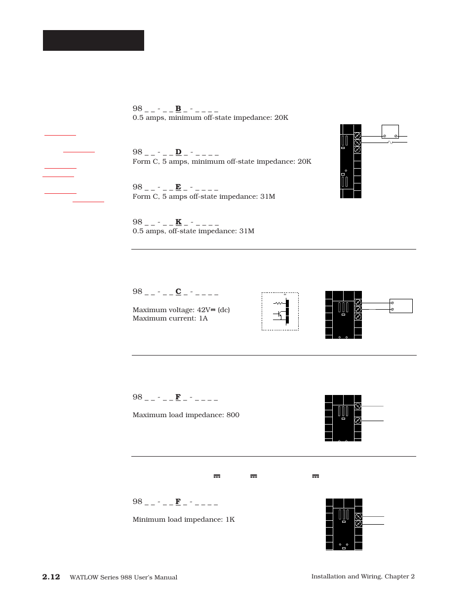 Output 1 wiring, Ac outputs, Switched dc, open collector | Watlow Series 988 User Manual | Page 22 / 163