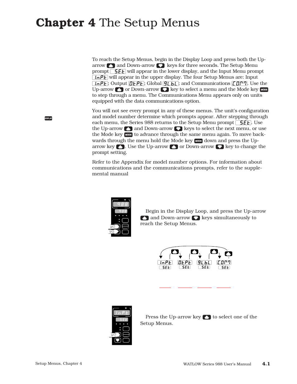 Chapter 4, Navigating the setup menus, Go to | Chapter 4 the setup menus, Otpt] [glbl] [com | Watlow Series 988 User Manual | Page 28 / 163