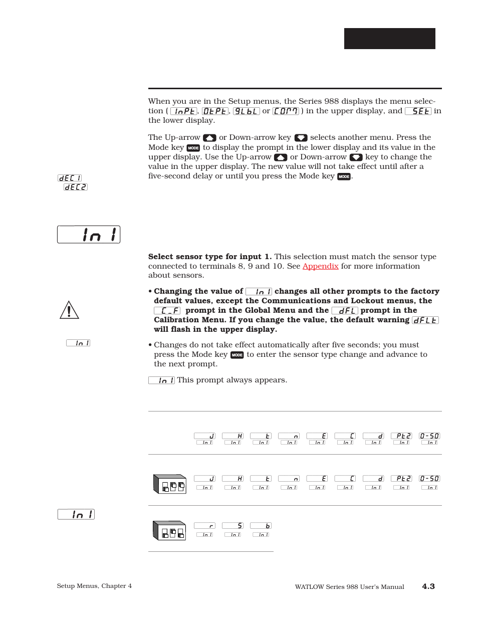 Input 1 (p. 4.3), P. 4.3, Setup-input | Input prompts, Input 1 | Watlow Series 988 User Manual | Page 30 / 163