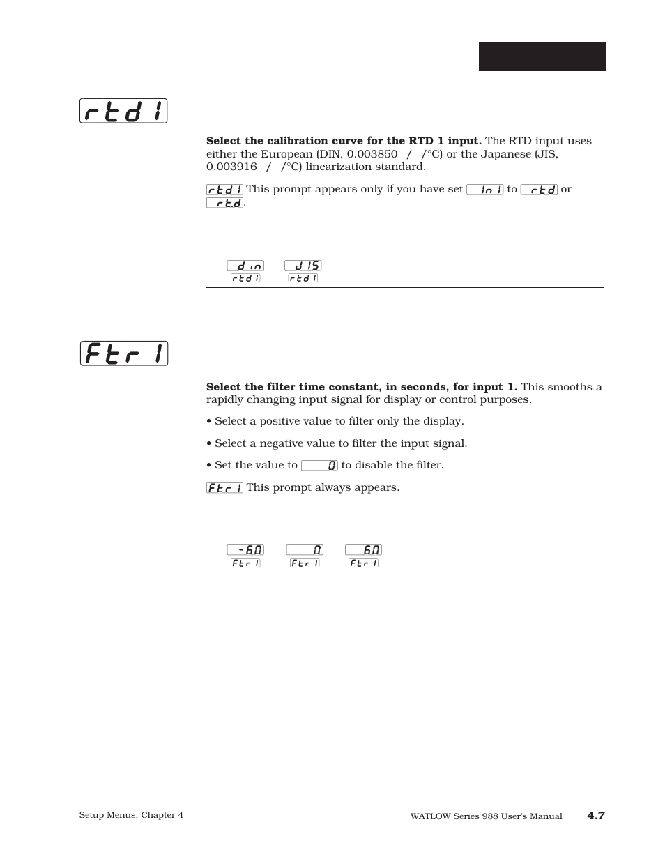 Rtd1] [ftr1, Setup-input, Rtd (100 ω ) calibration curve 1 | Software filter 1 | Watlow Series 988 User Manual | Page 34 / 163