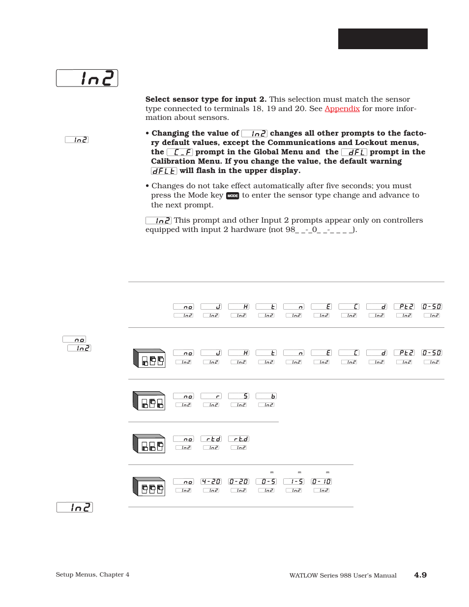 Input 2 (p. 4.9), P. 4.9, Setup-input | Input 2, Input 2 continued on next page, If default ↓ ↓ 98 | Watlow Series 988 User Manual | Page 36 / 163