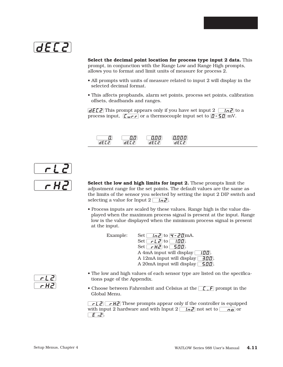 Dec2] [`rl2] [`rh2, Setup-input, Decimal 2 | Range low 2 and range high 2, Rl2] [`rh2 | Watlow Series 988 User Manual | Page 38 / 163