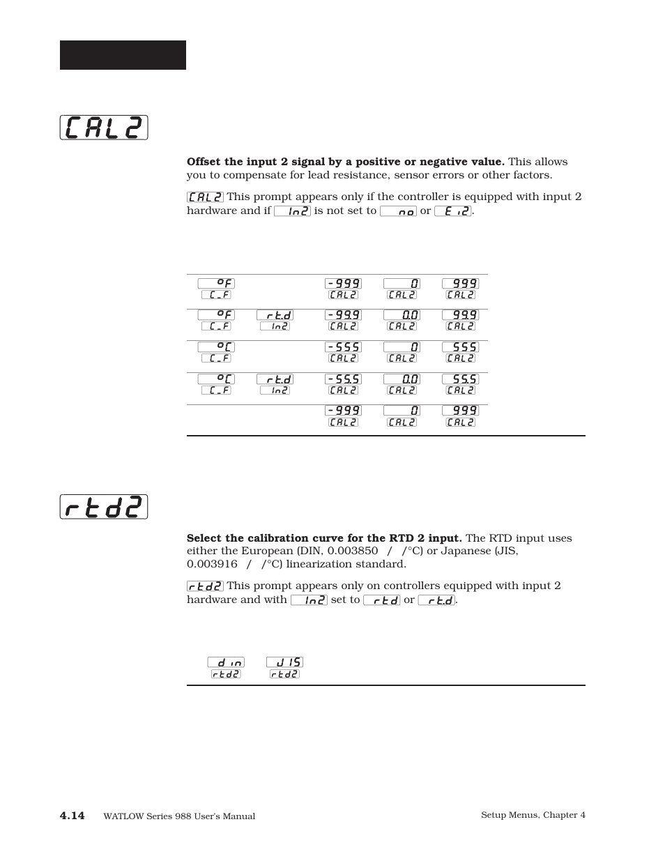 Cal2] [rtd2, Setup-input, Calibration offset 2 | Rtd calibration curve 2 | Watlow Series 988 User Manual | Page 41 / 163
