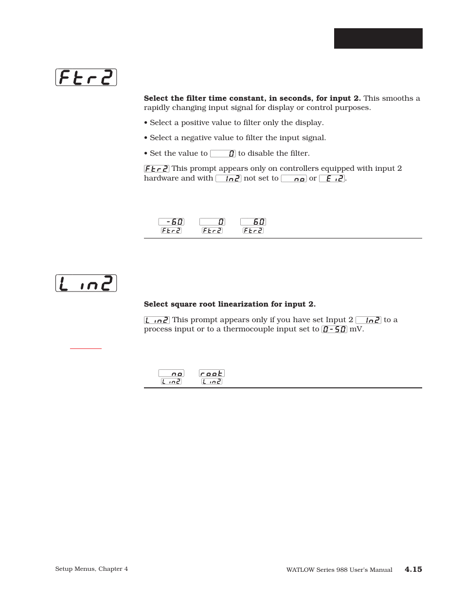 Ftr2] [lin2, Setup-input, Software filter 2 | Linearization 2 | Watlow Series 988 User Manual | Page 42 / 163