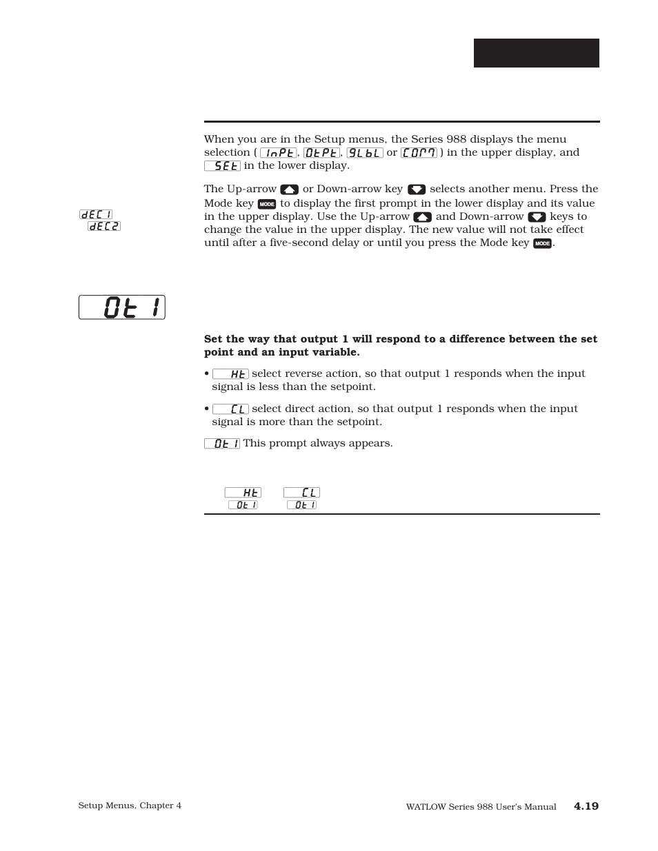 Output 1 (p. 4.19), P. 4.19, Setup-output | Output prompts, Output 1 | Watlow Series 988 User Manual | Page 46 / 163
