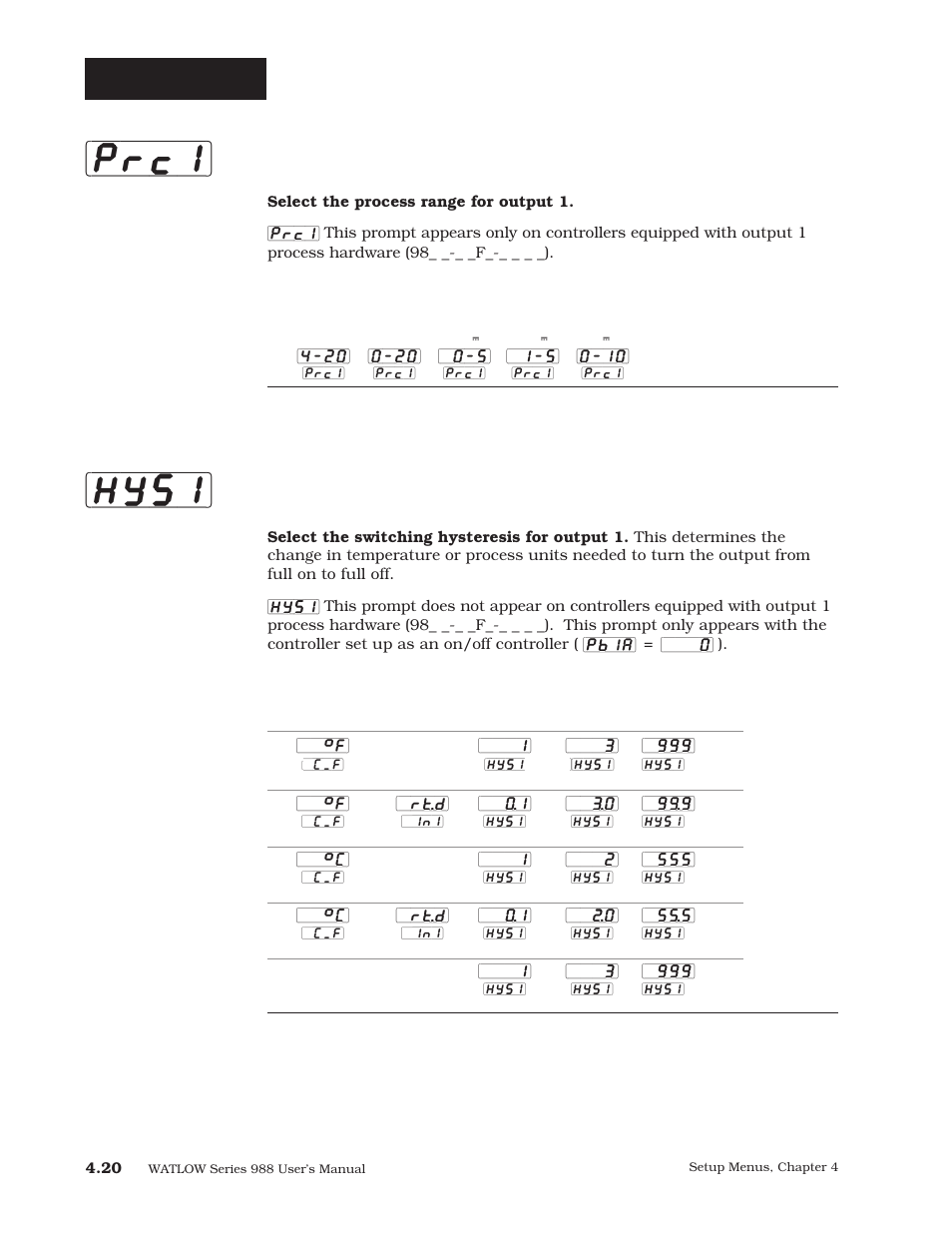 Hys1] [prc1, Setup-output, Process 1 | Hysteresis 1 | Watlow Series 988 User Manual | Page 47 / 163