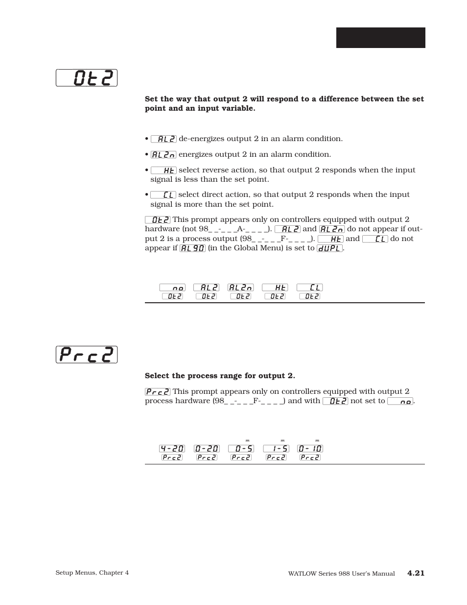 Output 2 (p. 4.21), P. 4.21, Ot2] [prc2 | Setup-output, Output 2, Process 2 | Watlow Series 988 User Manual | Page 48 / 163