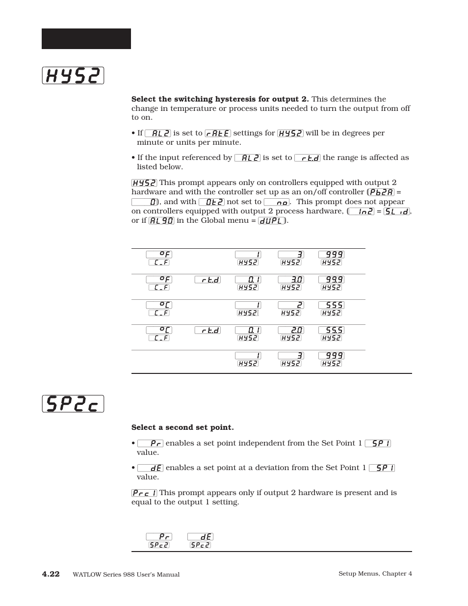 Hys2] [sp2c, Setup-output, Hysteresis 2 | Set point 2 control | Watlow Series 988 User Manual | Page 49 / 163