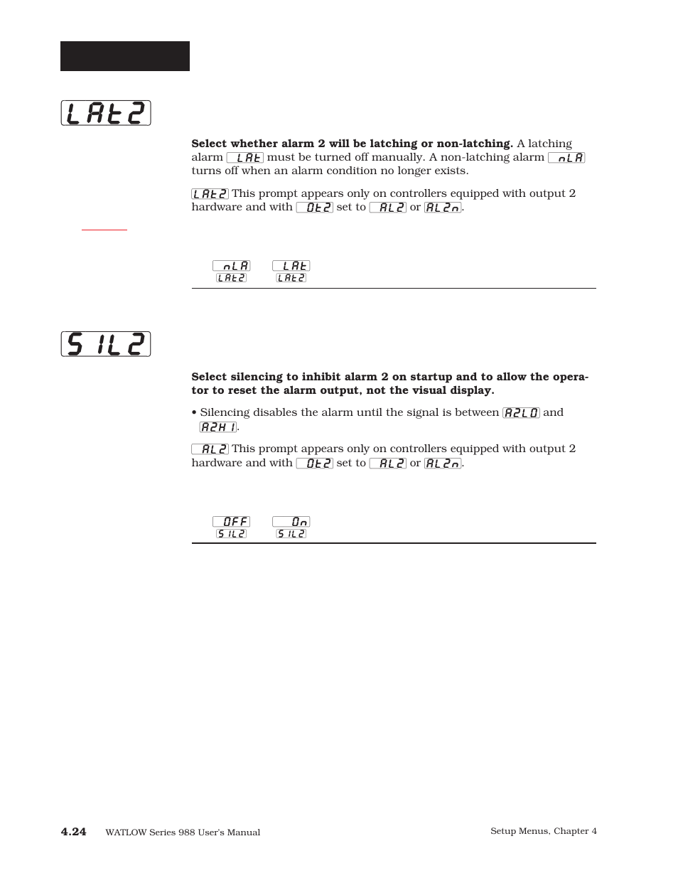 Lat2] [sil2, Setup-output, Latching 2 | Silencing 2 | Watlow Series 988 User Manual | Page 51 / 163