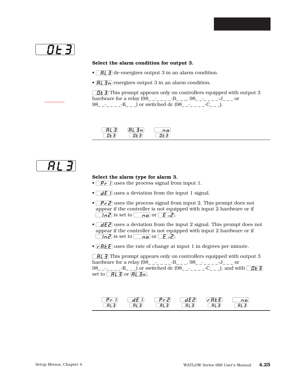 Output 3 (p. 4.25), P. 4.25, Ot3] [`al3 | Setup-output, Output 3, Alarm 3 | Watlow Series 988 User Manual | Page 52 / 163