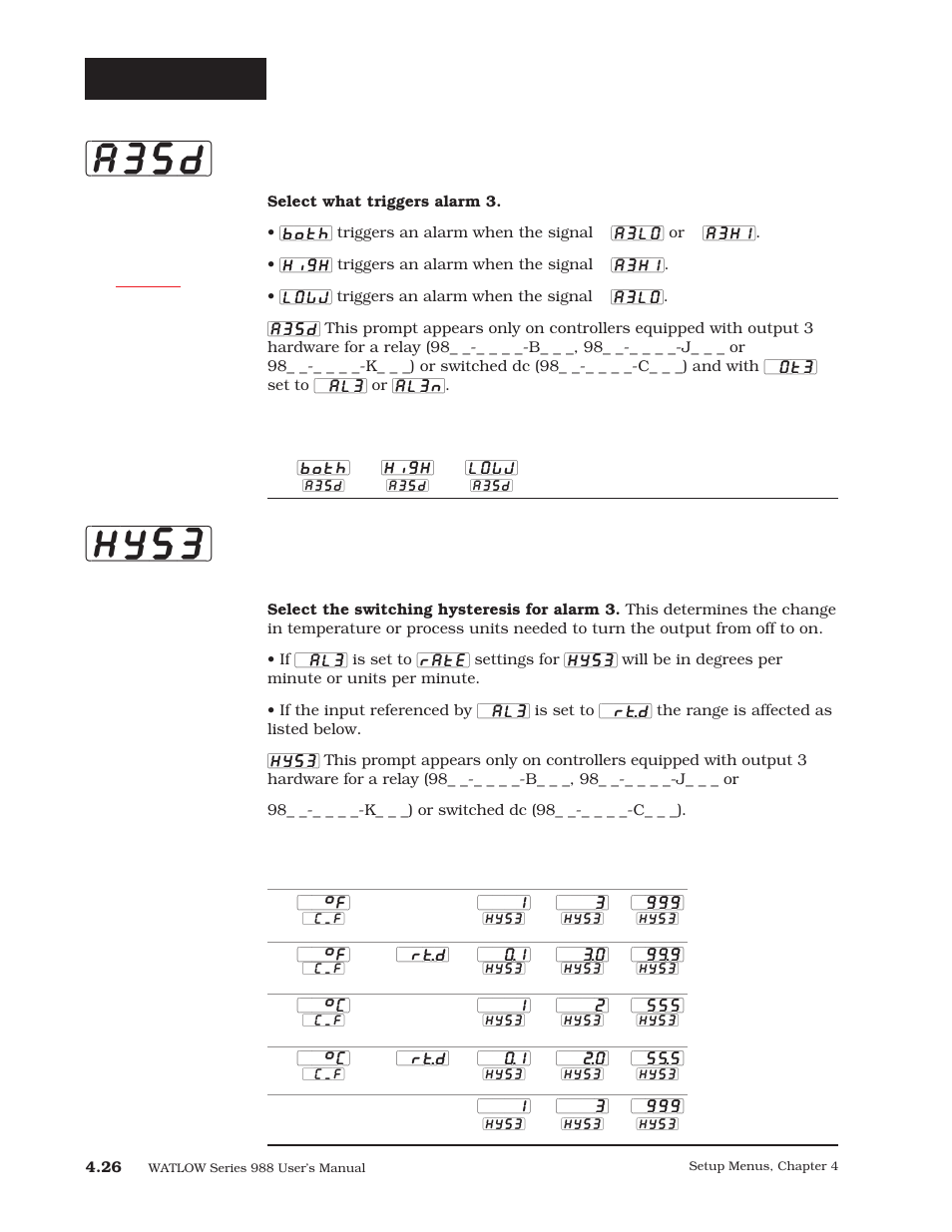 A3sd] [hys3, Setup-output, Alarm 3 side | Hysteresis 3 | Watlow Series 988 User Manual | Page 53 / 163