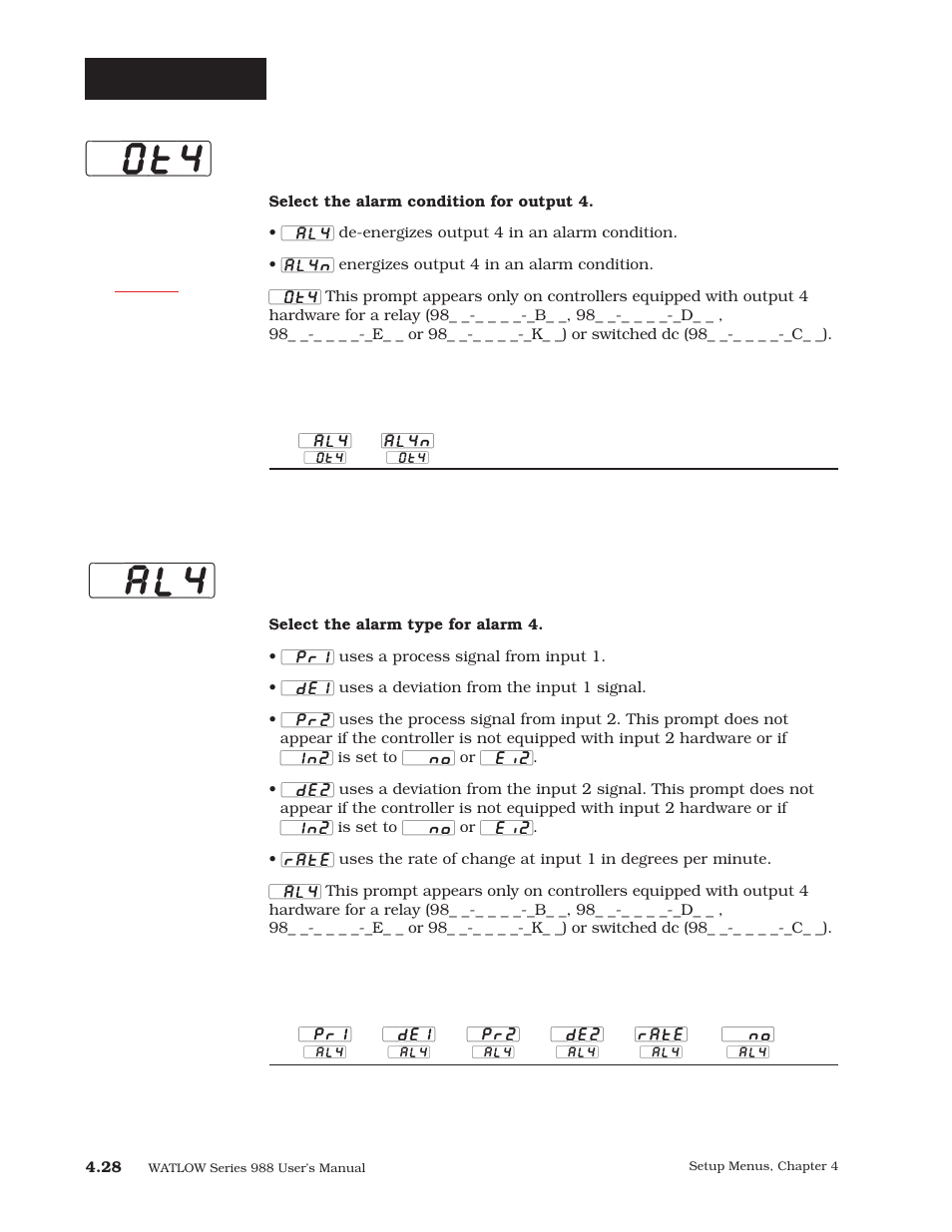 Output 4 (p. 4.28), P. 4.28, Ot4] [`al4 | Setup-output, Output 4, Alarm 4 | Watlow Series 988 User Manual | Page 55 / 163