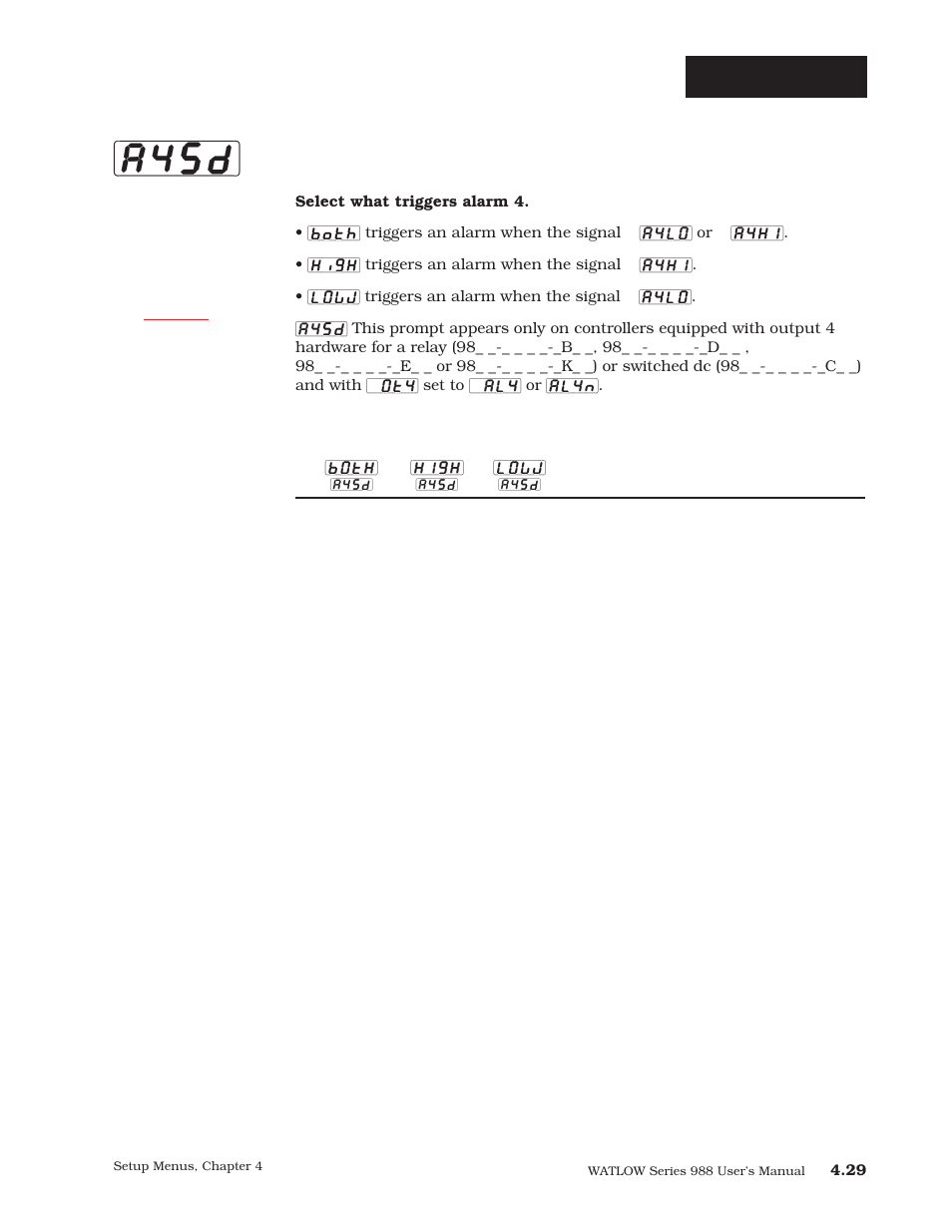 A4sd, Setup-output, Alarm 4 side | Watlow Series 988 User Manual | Page 56 / 163