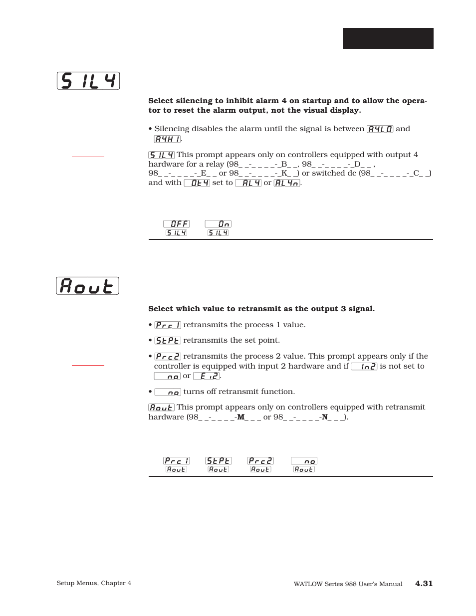 P. 4.31), P. 4.31, Sil4 | Aout, Setup-output, Silencing 4, Analog output | Watlow Series 988 User Manual | Page 58 / 163