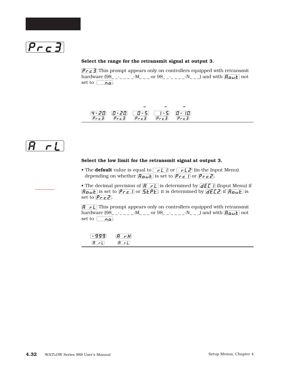 A`rl] [prc3, Setup-output, Process 3 | Retransmit low limit | Watlow Series 988 User Manual | Page 59 / 163
